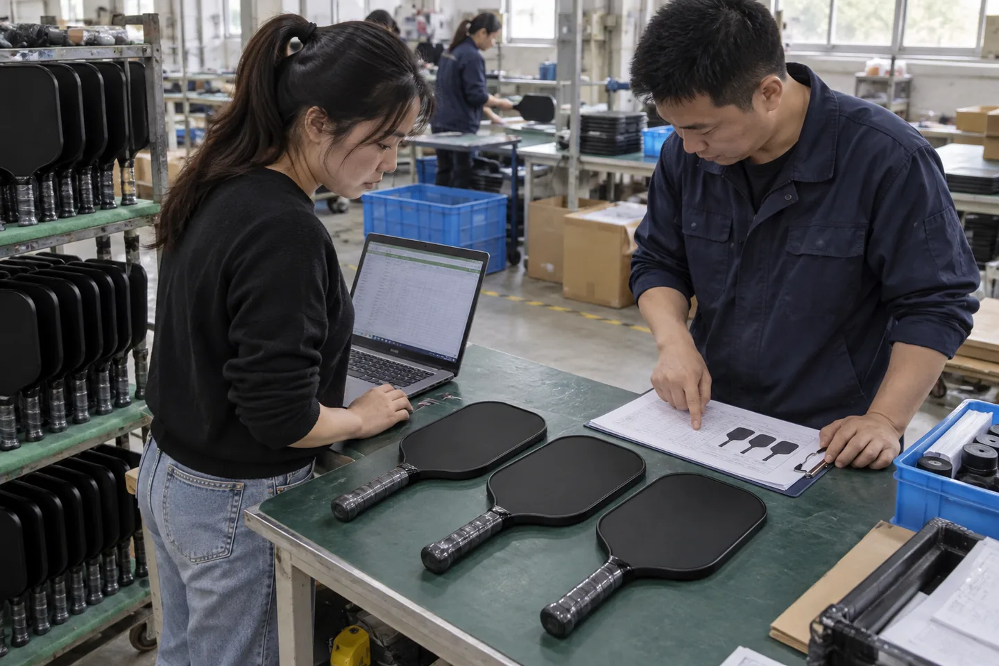 AI illustration of sales and quality staff reviewing finished paddles before balance payment