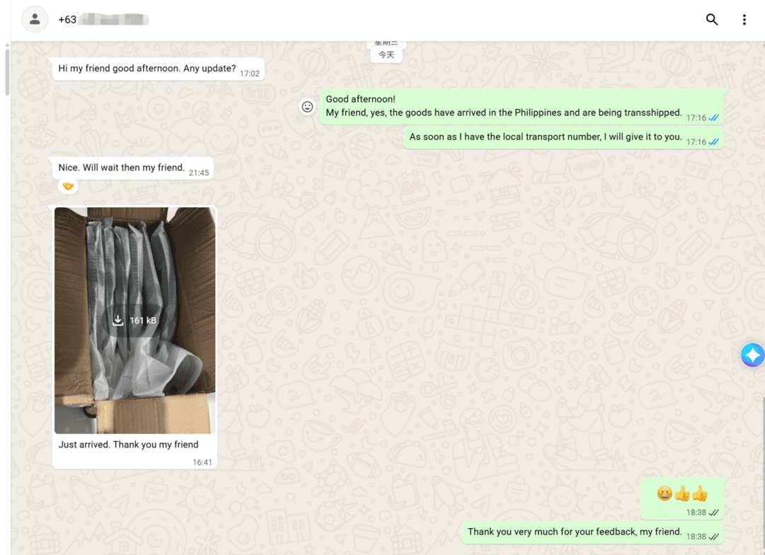 Real customer chat confirming delivery of a SHUEN paddle order