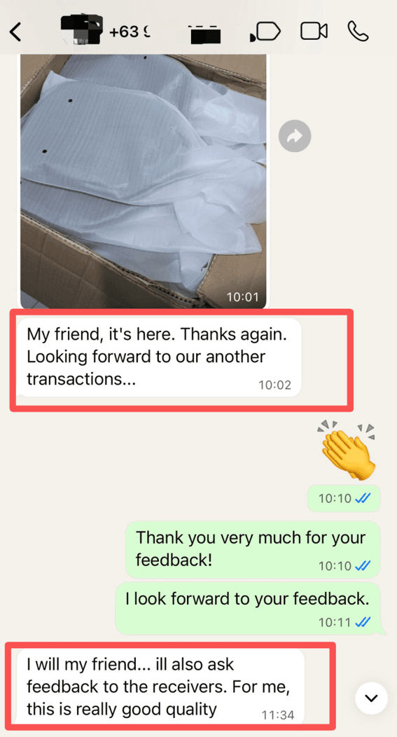 Real customer chat recognizing the quality of a SHUEN paddle order