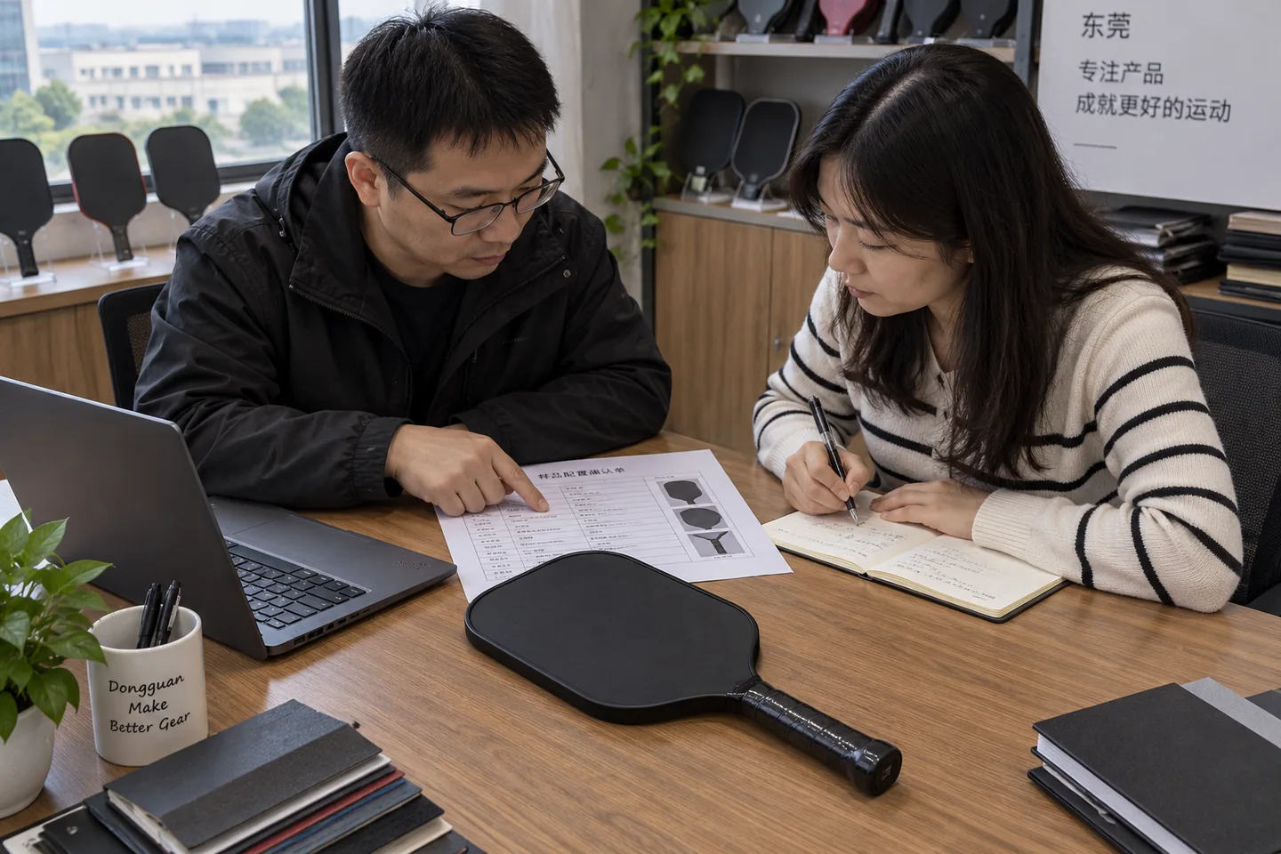 AI illustration of SHUEN staff reviewing a paddle configuration sheet beside a flat black sample