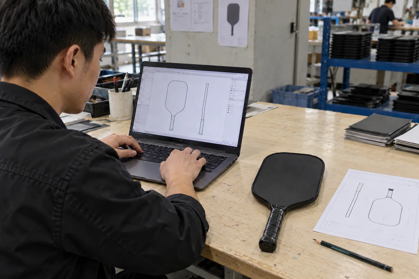 AI illustration of a designer checking outline and side-view drawings beside a black paddle sample