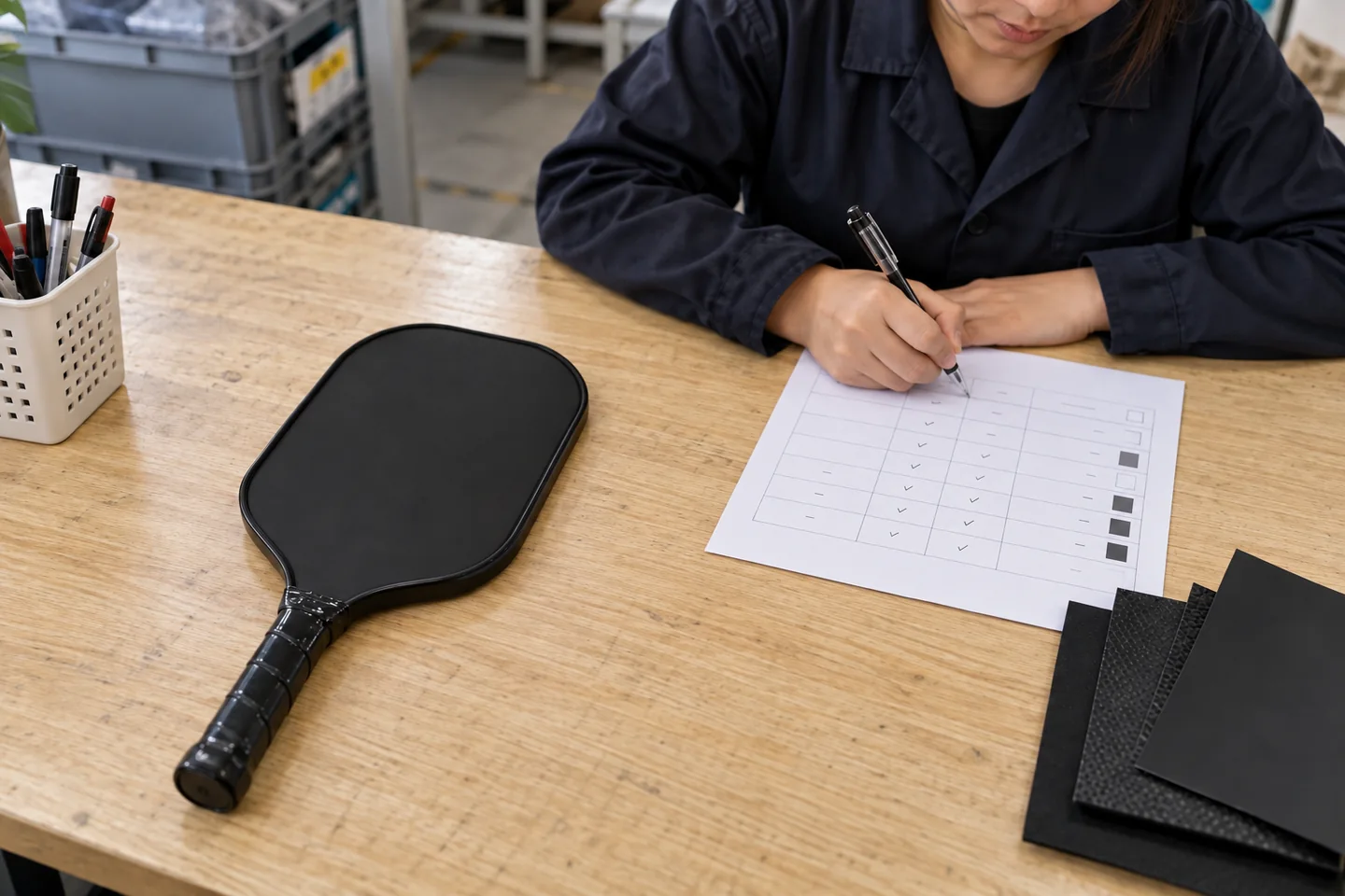 AI illustration of a staff member recording a sample approval beside a black paddle and a checklist