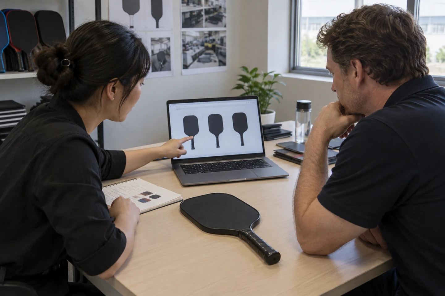 Coordinator and buyer compare paddle concepts on a laptop beside a flat black paddle