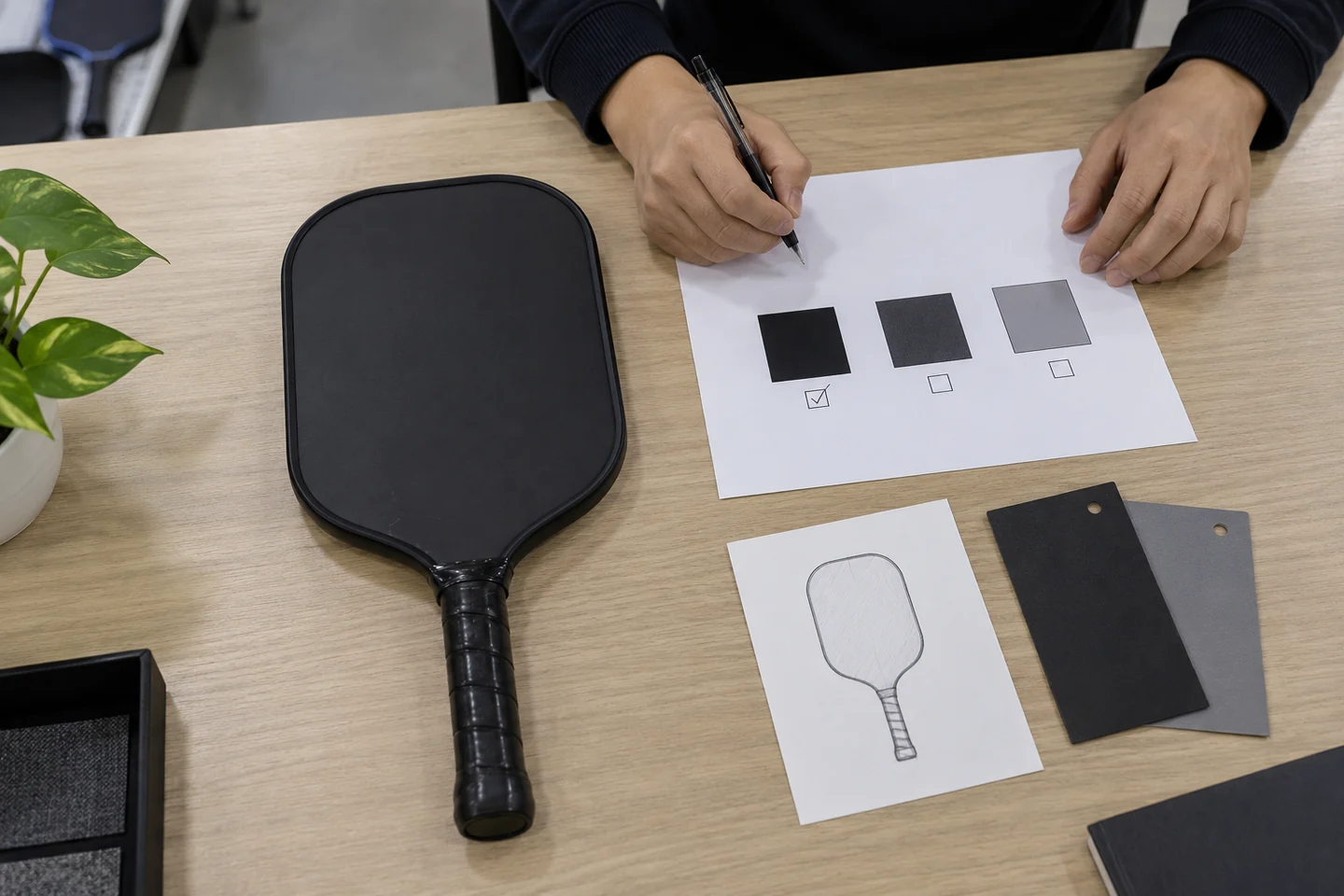 Coordinator records a material selection beside a black paddle and color swatches