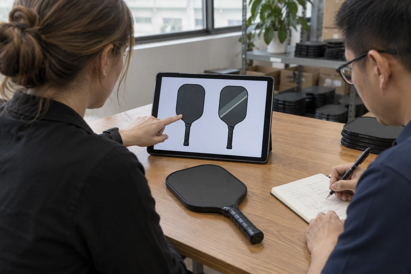Buyer points to one of two concepts on an upright tablet while the coordinator takes notes