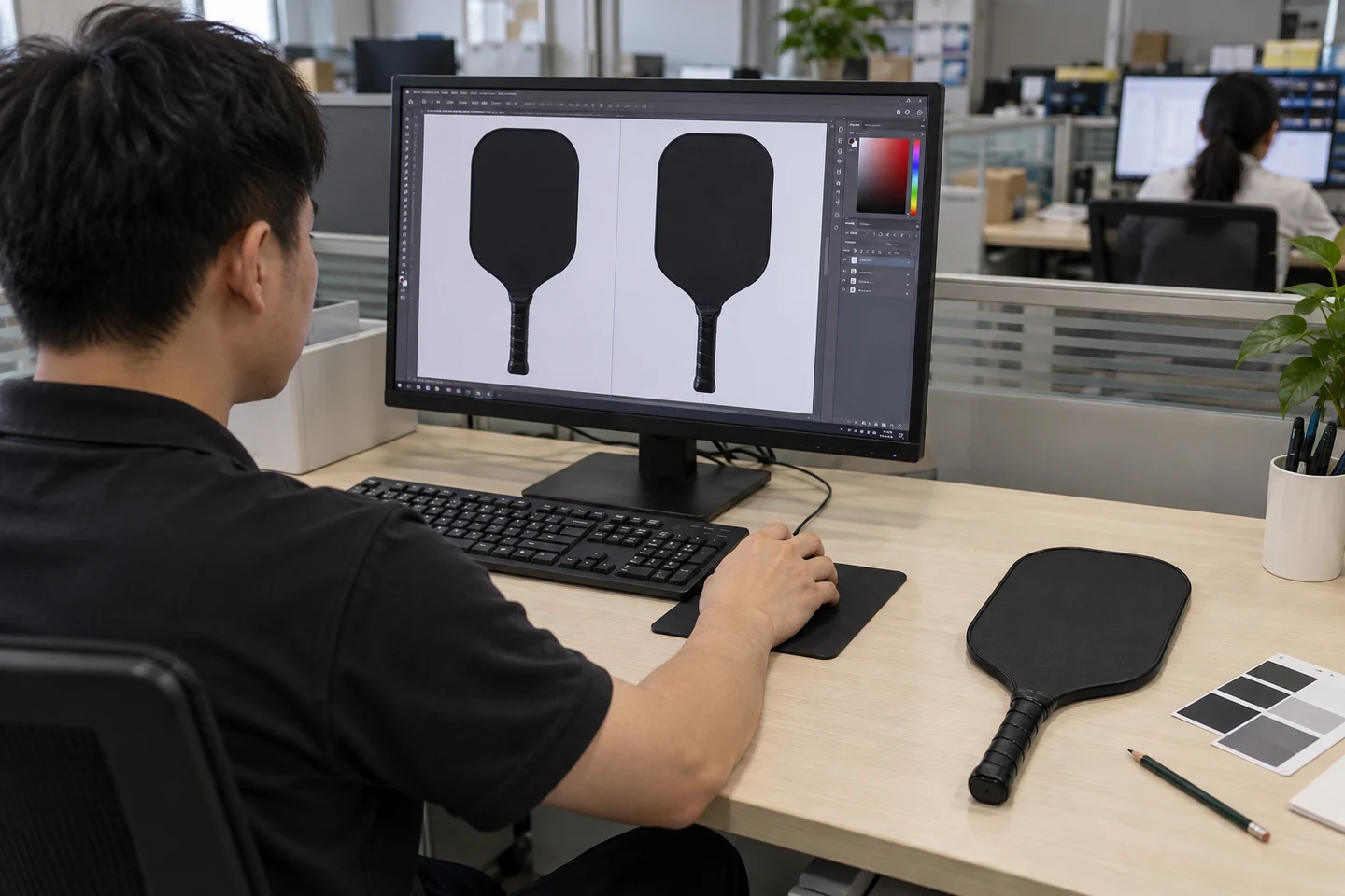Designer checks front and back paddle layouts on a monitor beside a black sample