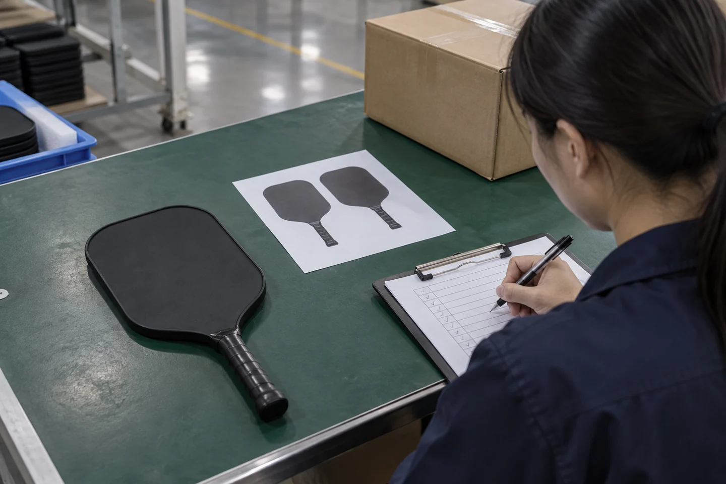 Coordinator checks a black sample against a printed proof and clipboard in a packing area