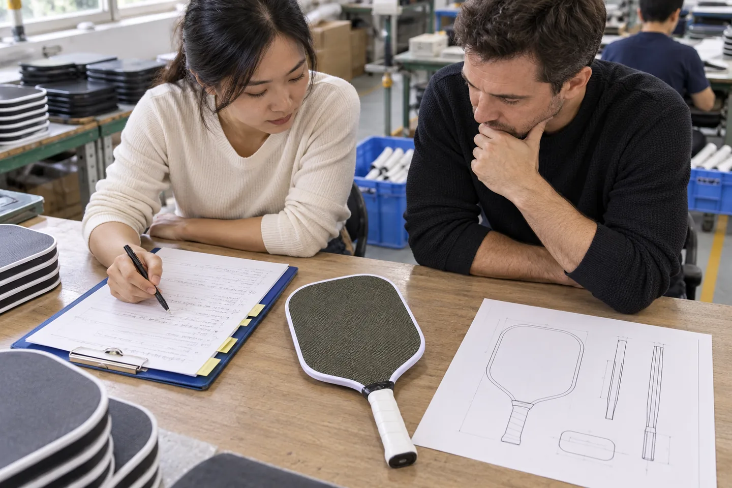 Buyer and coordinator reviewing a starting paddle and player comments