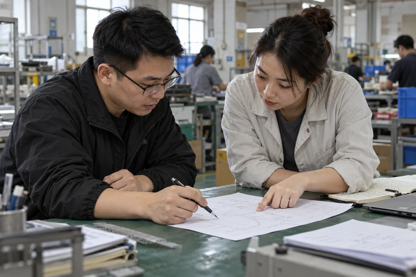 Designer and manager discussing a drawing revision