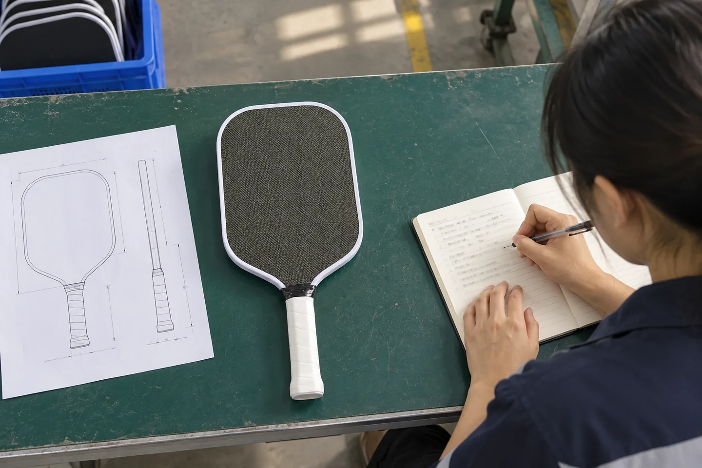 Worker comparing a paddle sample with its approved drawing