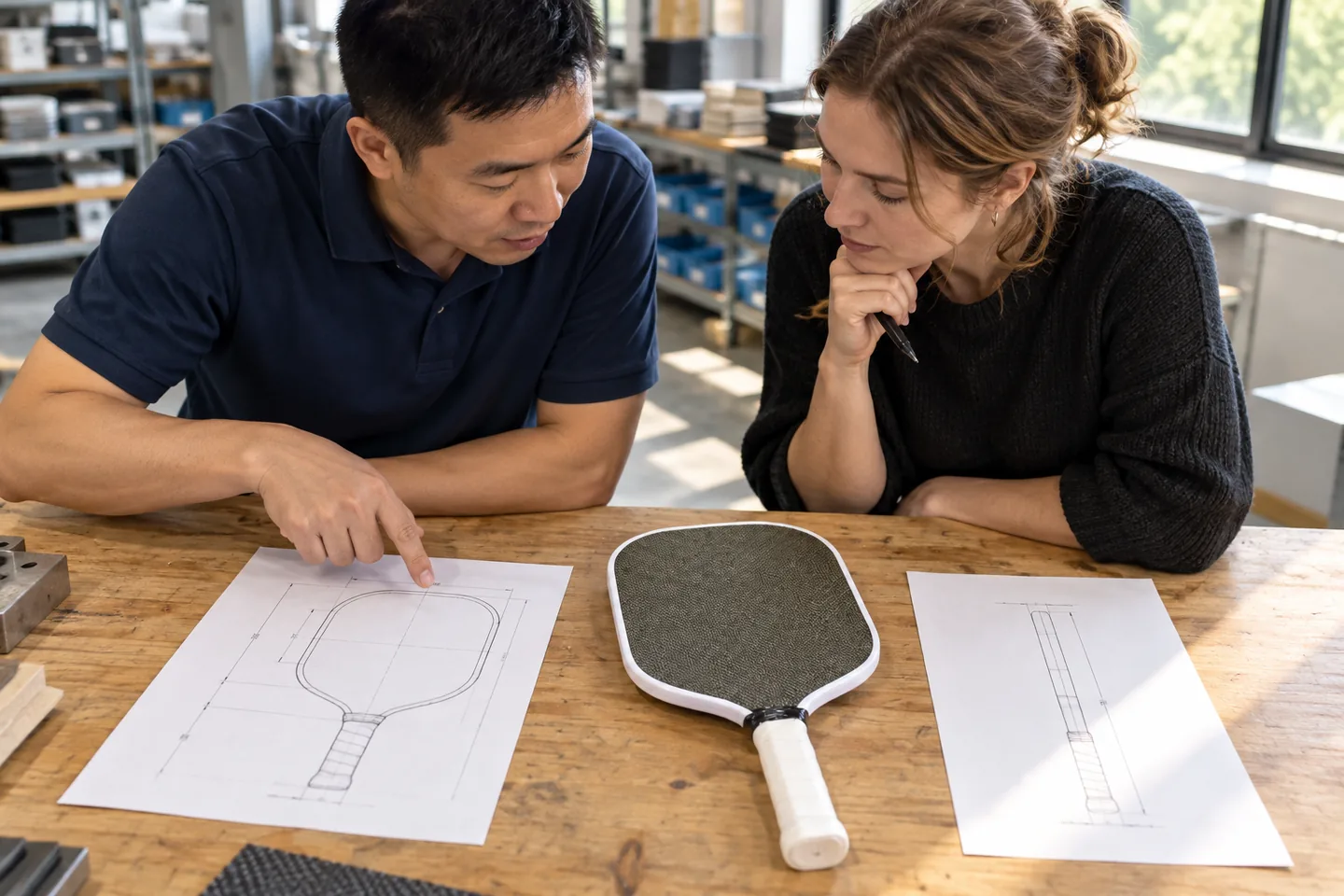 Buyer and factory coordinator comparing a paddle sample and outline drawings