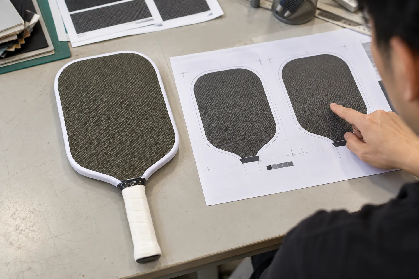 Designer reviewing artwork beside an existing-shape paddle sample
