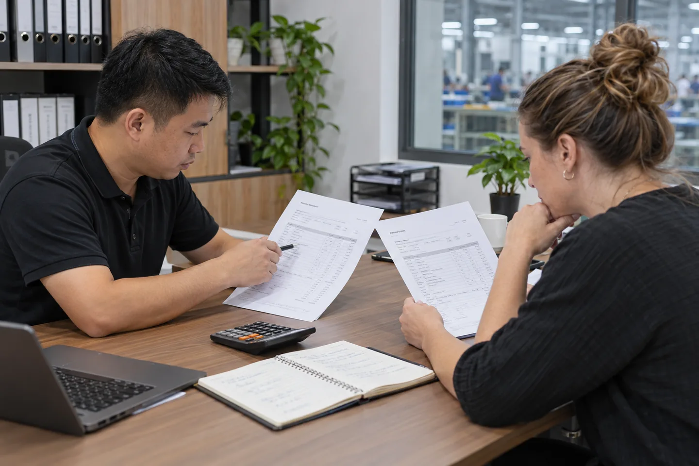 Coordinator and buyer comparing quotations with a calculator