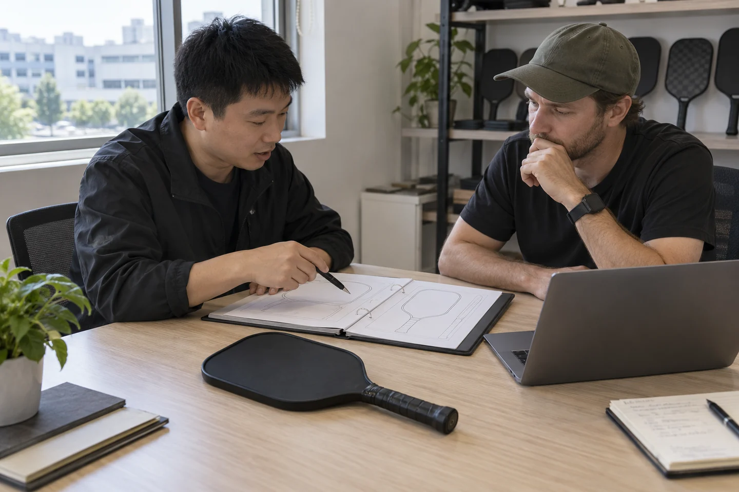 Buyer and coordinator review technical outlines beside a black paddle