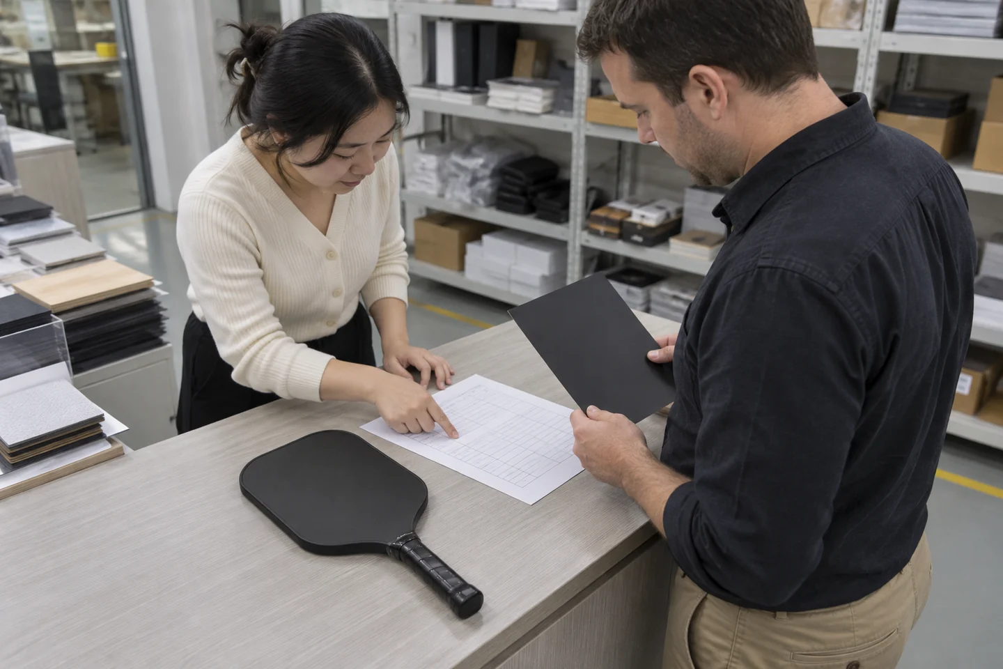 Coordinator points to a configuration checklist as a buyer holds a brand color sheet