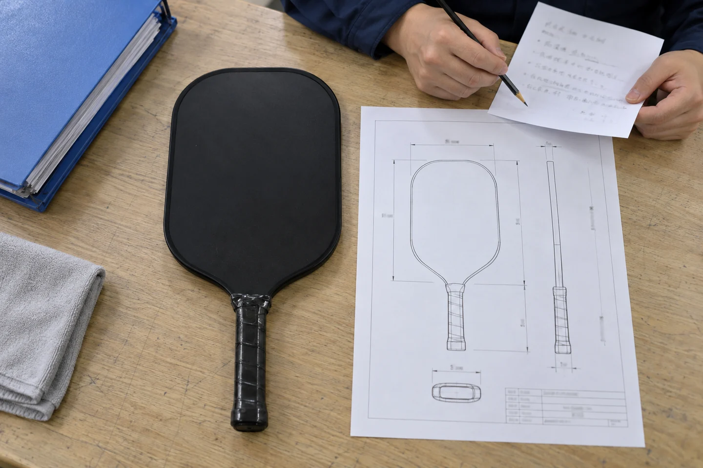 Engineer checks a black paddle beside an outline drawing and revision note