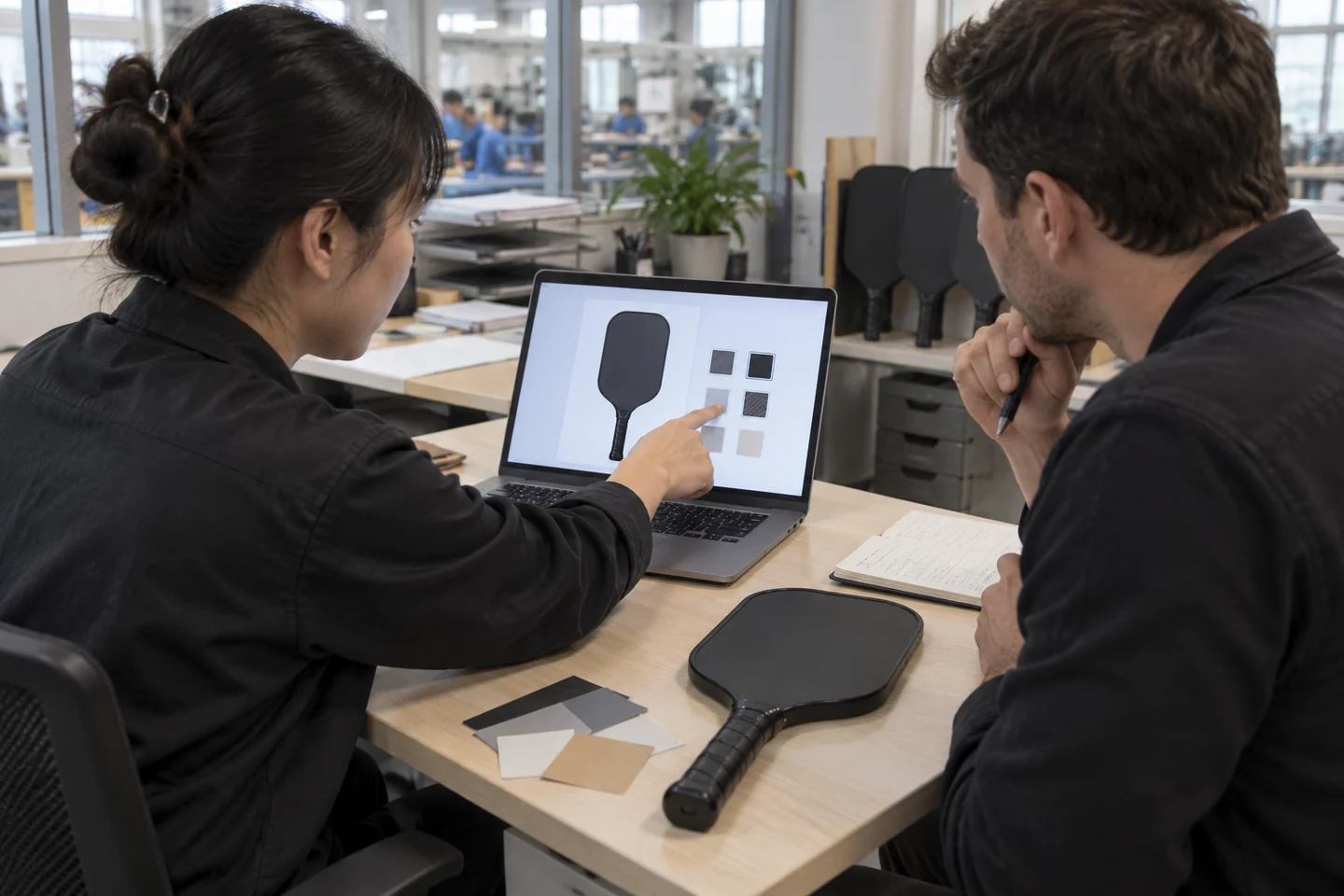 Coordinator and buyer select paddle configuration options on a laptop