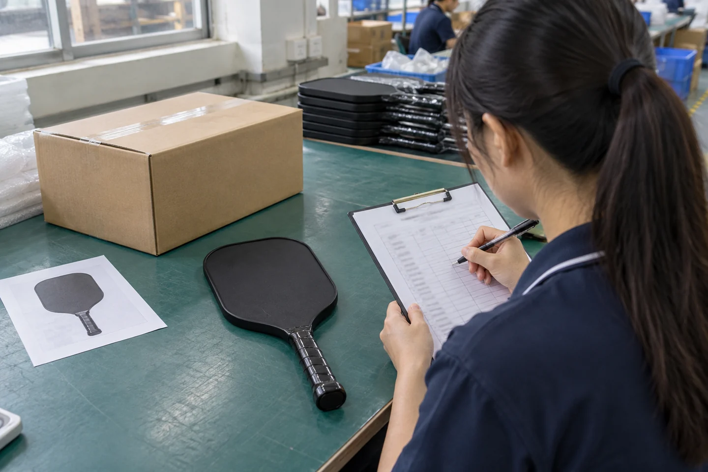 Coordinator checks an order sheet beside a black paddle, artwork proof and carton