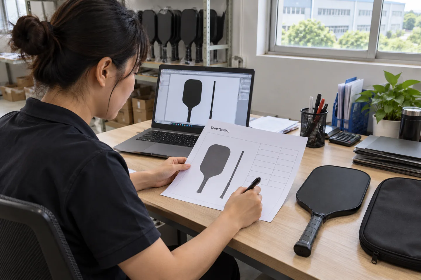 A coordinator reviews a specification sheet with paddle outlines and empty fields beside a black paddle sample.