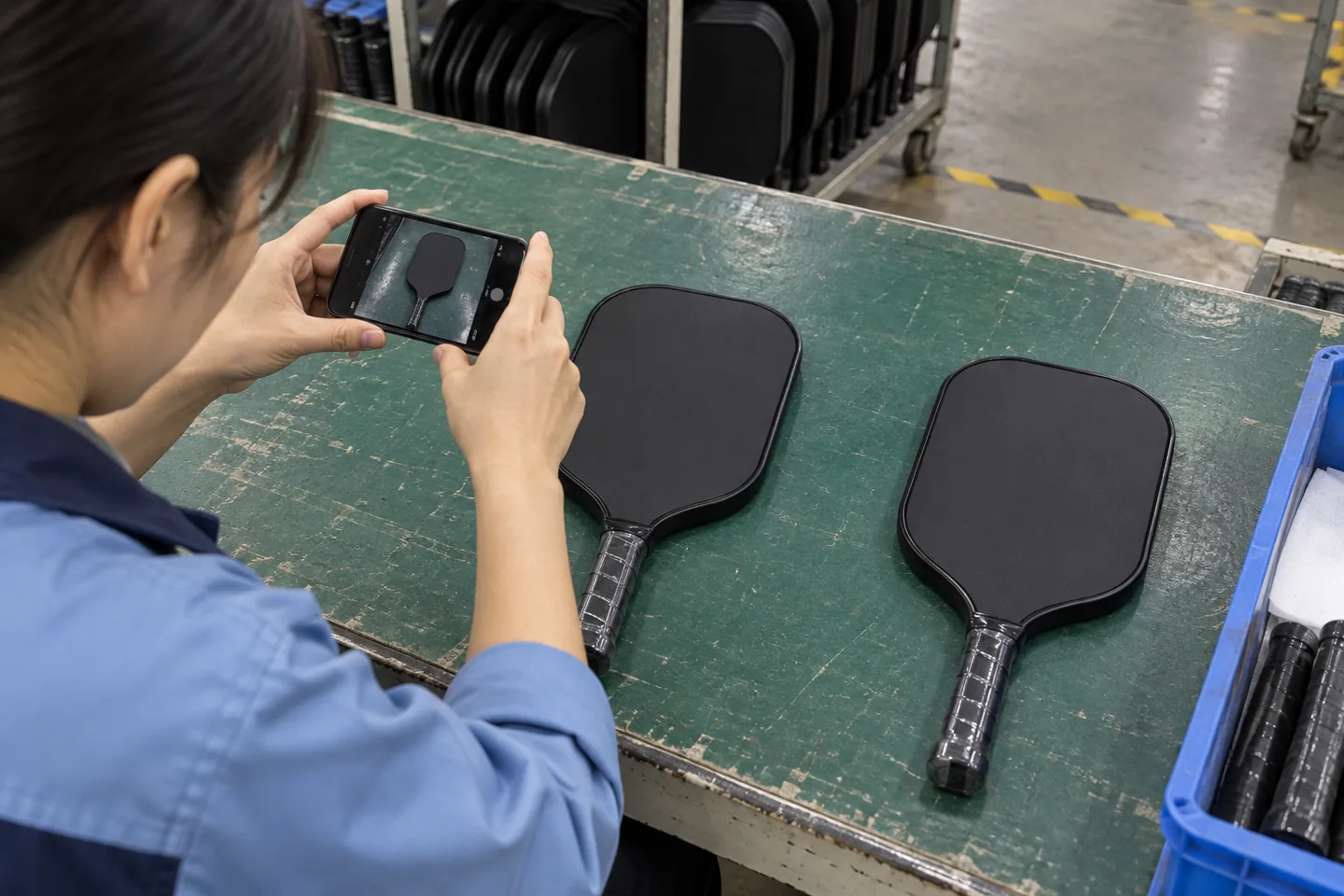 A quality worker uses a phone to photograph two completed black paddles lying flat on an inspection bench.