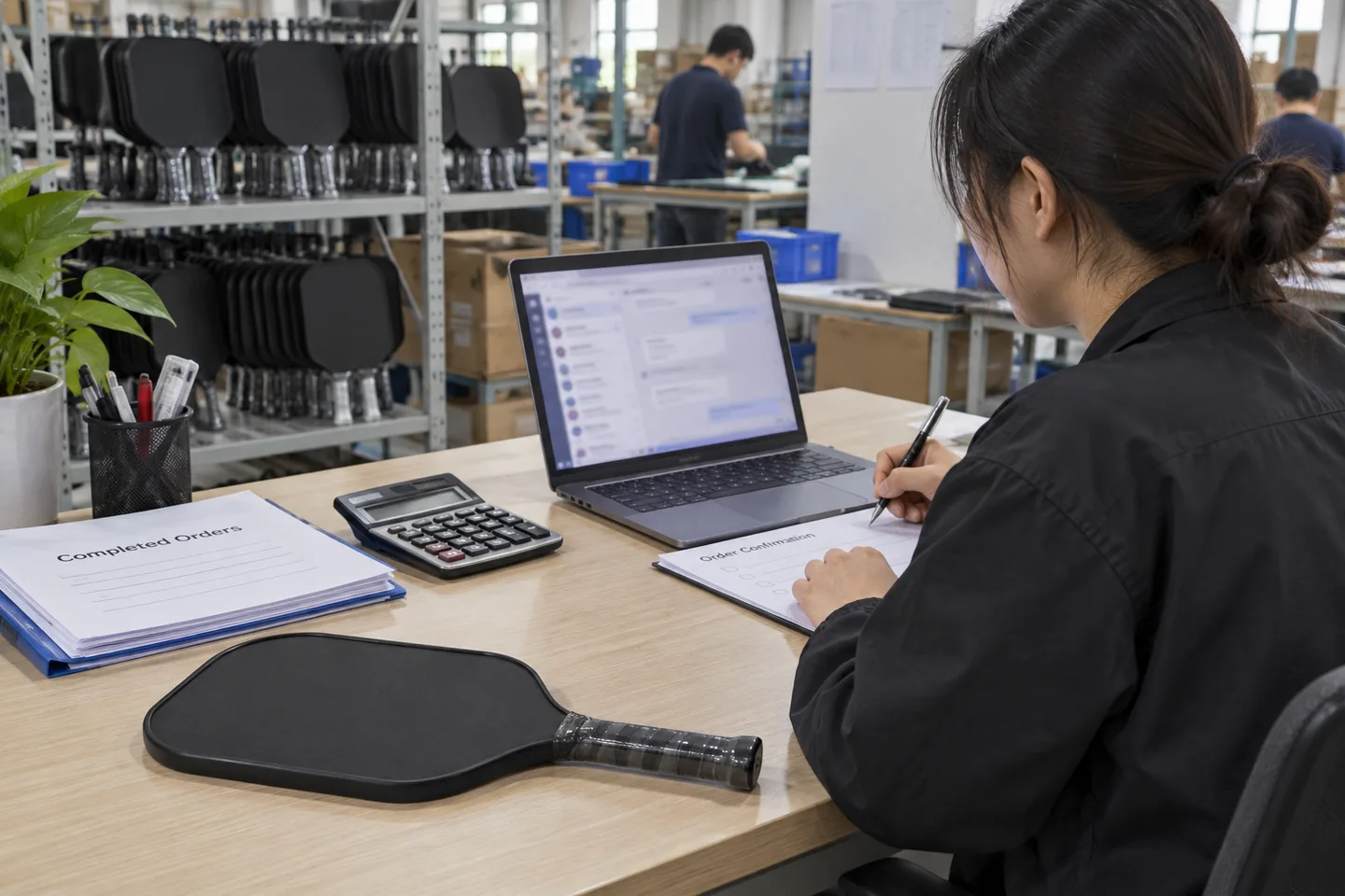 A coordinator records order confirmation beside a laptop, calculator and finished black paddle.