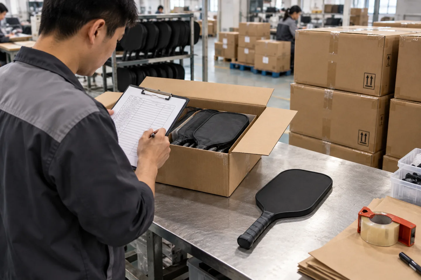 A packing worker checks a clipboard beside an open carton of paddle sleeves and a black paddle on the bench.
