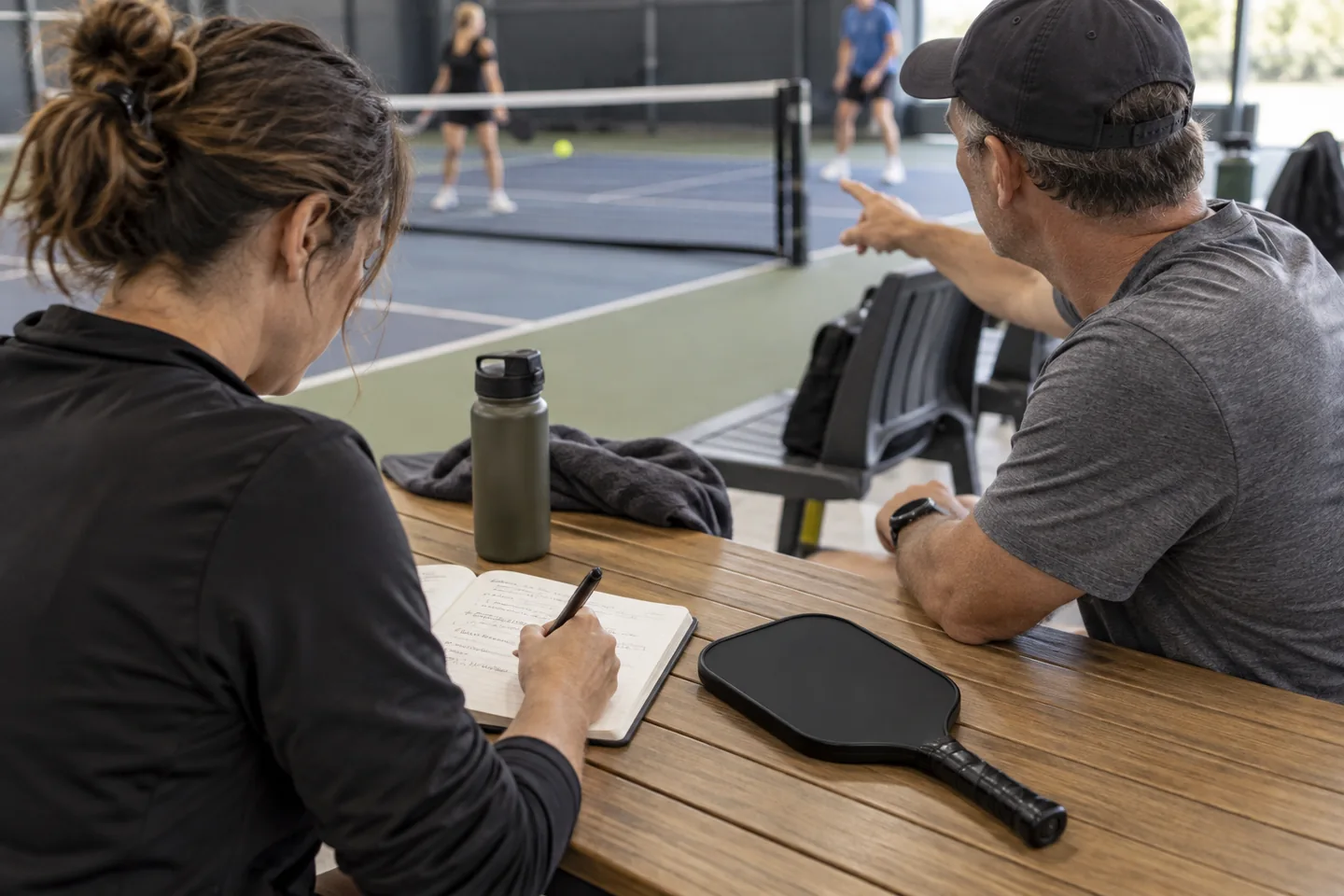 AI illustration of a New Zealand brand buyer taking paddle research notes beside a club court