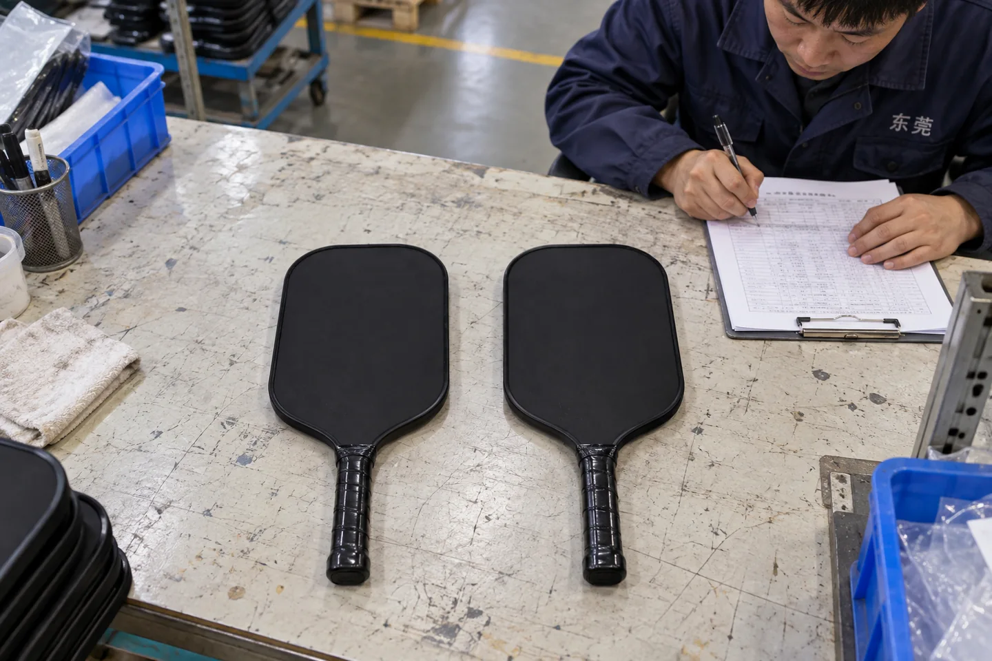AI illustration of two matching black paddle samples laid out beside a comparison worksheet