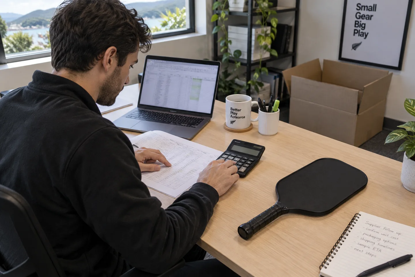 AI illustration of a buyer reviewing a cost worksheet beside a black paddle sample