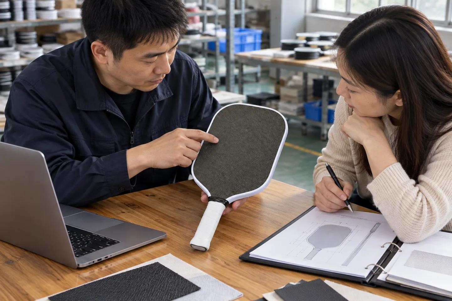 Factory coordinator holding a paddle while a buyer reviews its outline drawing