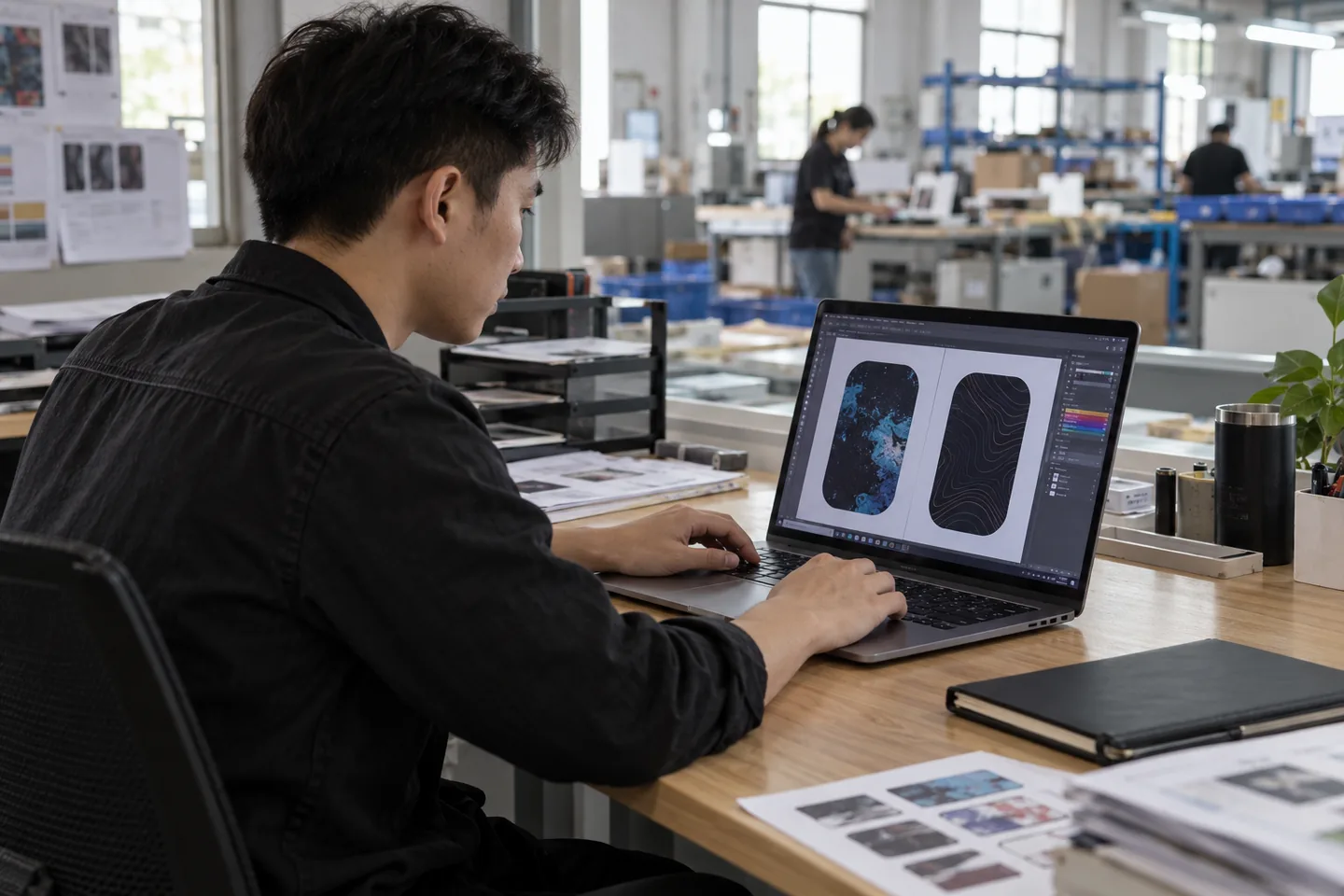 Designer checking artwork proofs at a workstation