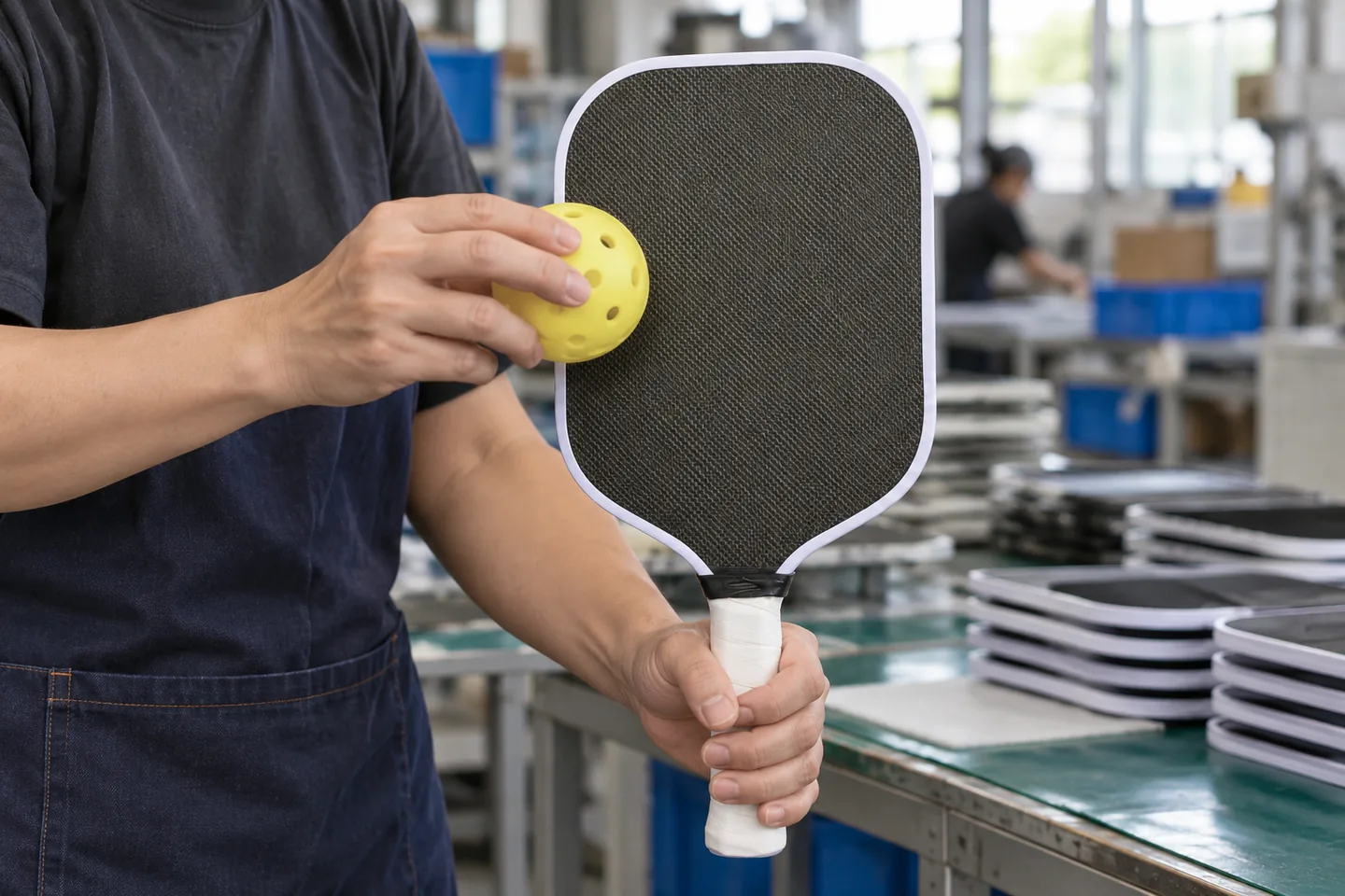 Worker checking a paddle with a pickleball